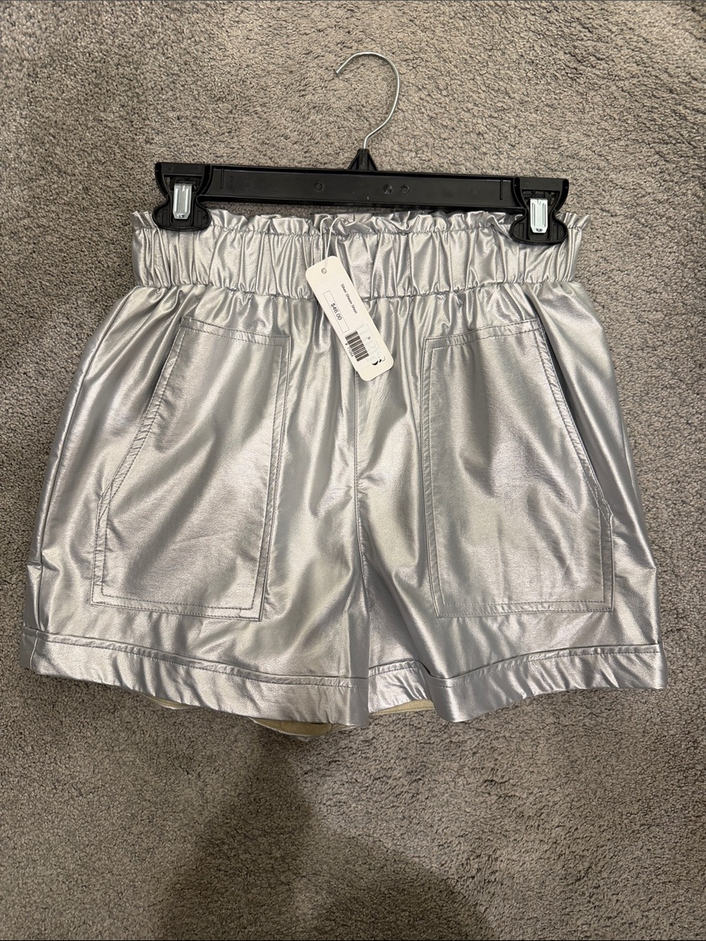 glam Metallic High-Waist Paperbag Shorts in Silver